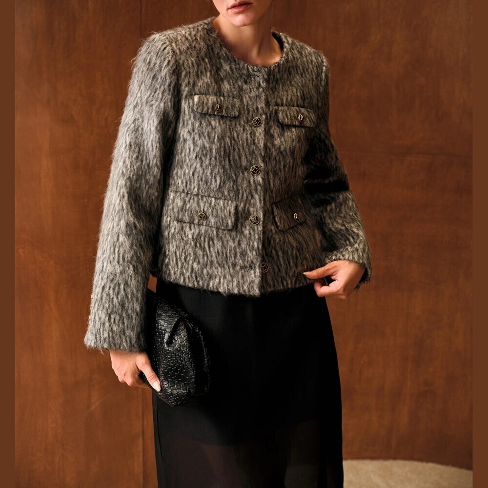 Gray Tan Fuzzy Tweed Star Button Four Pocket Collarless Cropped Jacket